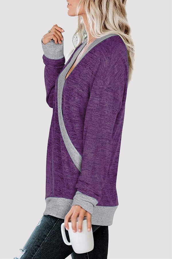 Casual Patchwork Basic Contrast V Neck Tops