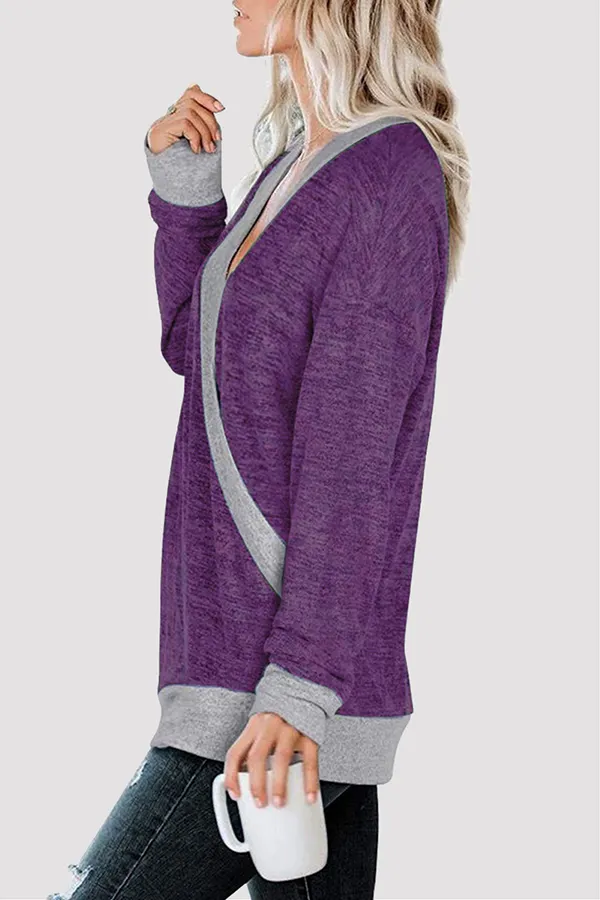Casual Patchwork Basic Contrast V Neck Tops