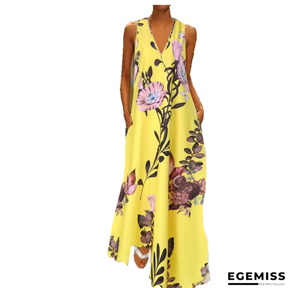 Printed Deep V-neck Dress Sleeveless A-word Large Size Long Dress White Dresses | EGEMISS