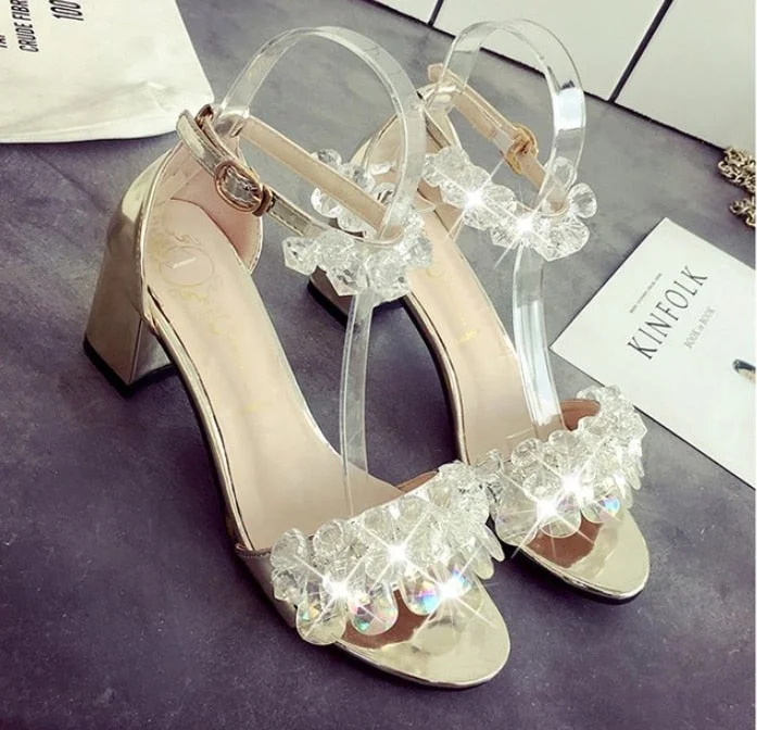 2021 New Brand Women's Leather Ladies Sandals Square High Heel Sandals Women's Shoes Summer Casual Shoes Gold, Silver