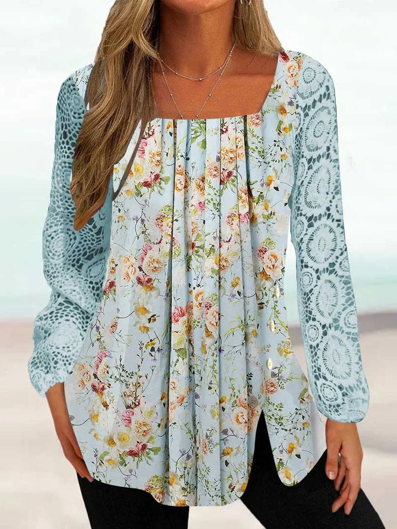 Women Long Sleeve U-neck Floral Printed Graphic Lace Button Tops