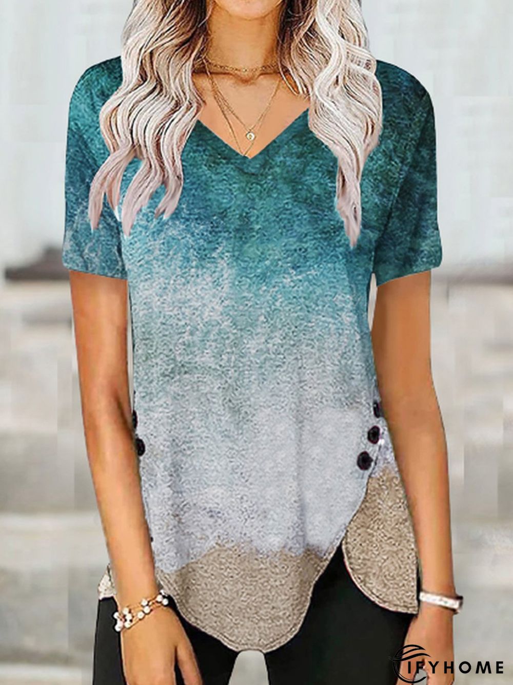 V Neck Vacation Regular Fit Short Sleeve Tunic T-Shirt | IFYHOME