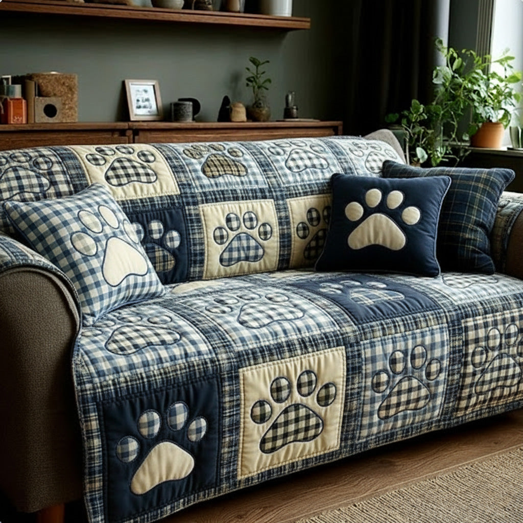 Navy Gingham Love Paw Quilted Sofa Cover NCU0NT11540 everthome