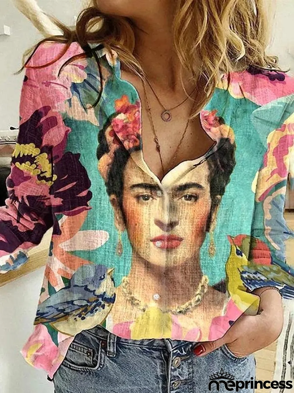 Ladies And Flower Printed Lapel Long Sleeve Shirt