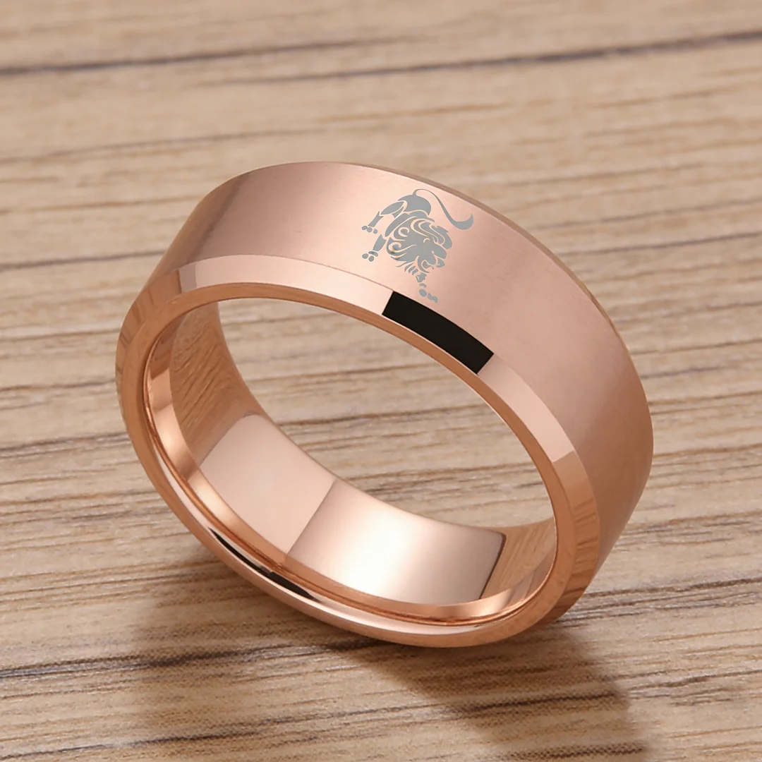 Rose Gold Leo Tungsten Carbide Rings Beveled Edges Rose Gold Laser Etched Couple Wedding Bands 4MM 6MM 8MM