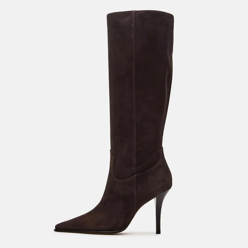 Chocolate Brown Knee High Stiletto Heeled Long Boots for Women