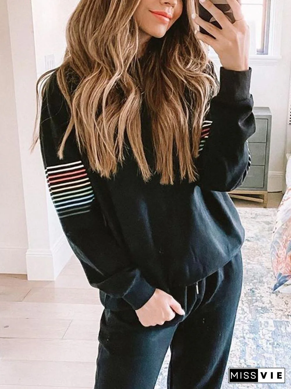 Black Rainbow Hoodie Drawstring Pants Two-Piece