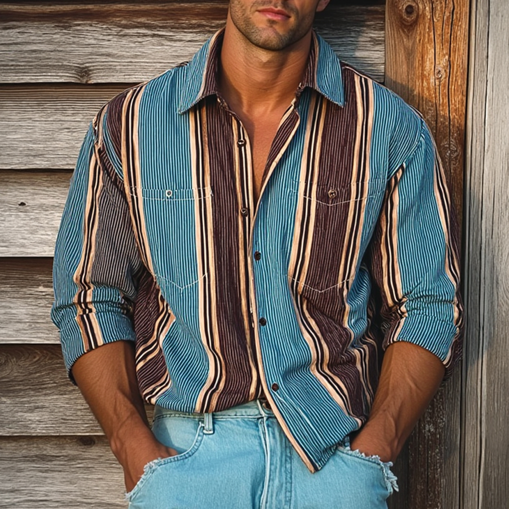 Men's Retro Colorblock Casual Striped Print Loose Long Sleeve Shirt