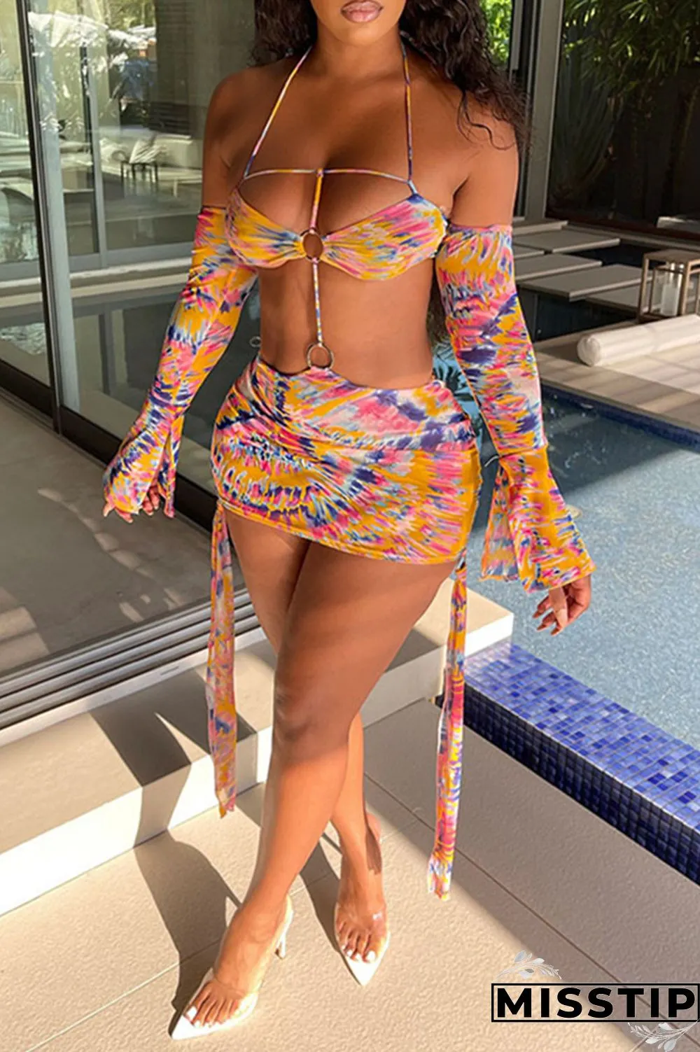 Orange Sexy Fashion Hollow Open Backless Long Sleeve Dress