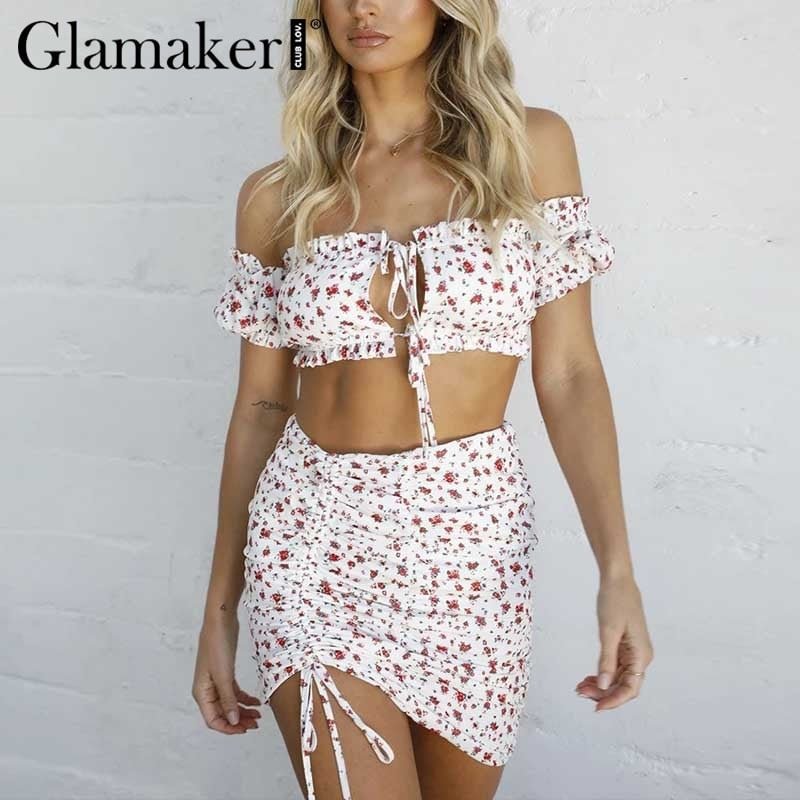Glamaker Hollow out ruffle mini dress Women off shoulder short sleeve drawstring floral dress Sexy pleated party summer dress