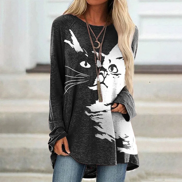 Cat Print Crew Neck Long Sleeve Casual Tunic