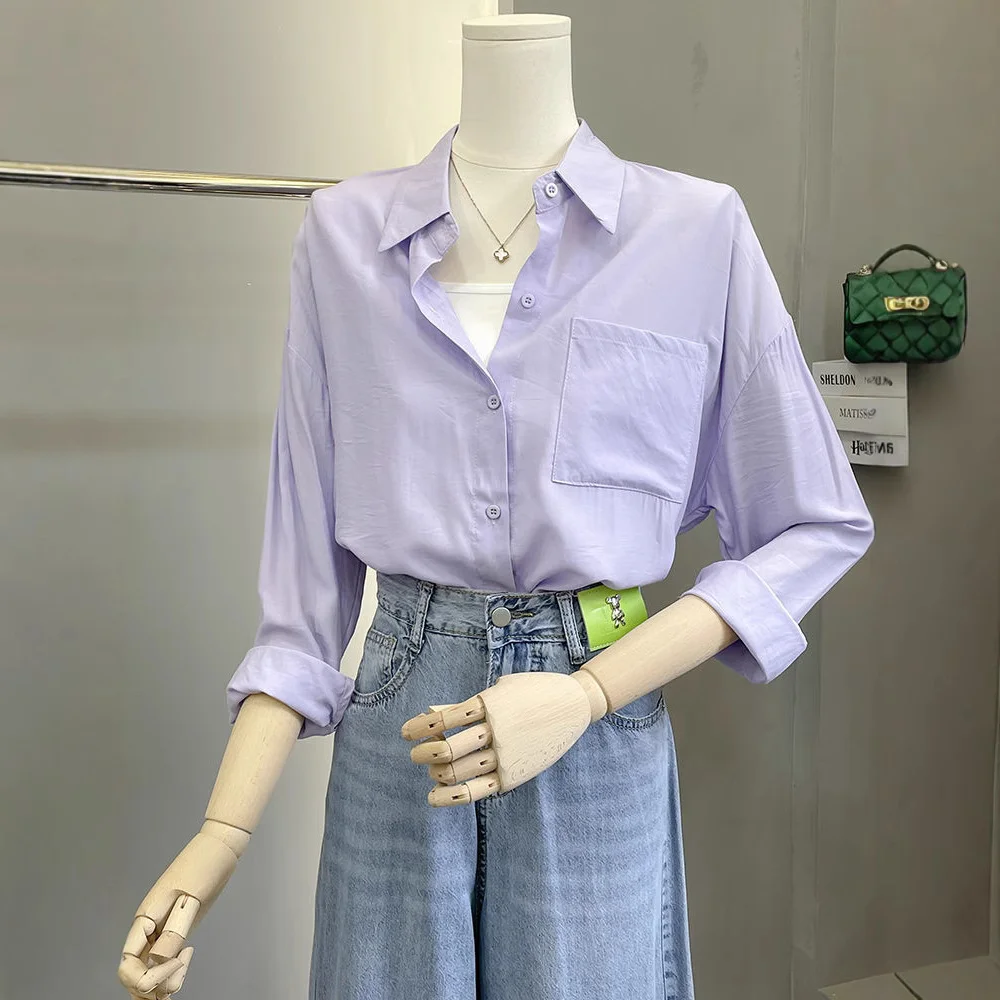 Athvotar Athvotar And Summer Solid Shirt Women's New Hong Kong Style Loose Long-Sleeved Coat Design Sense Of Small Folding Net Red Shirt