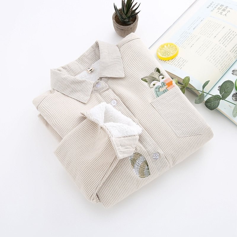 Winter Velvet Thick Warm Blouse Women Striped Office Shirt Female Long Sleeve Lady Tops Fox Embroidery Cotton Outwear