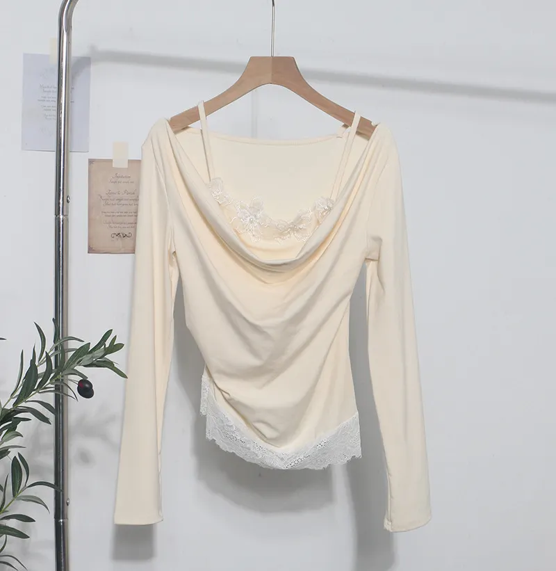 Uveng Spring Fake Two Lace Lace Collar Folded Long Sleeves Slimming Bottom T-Shirt Blouse Woman 2532