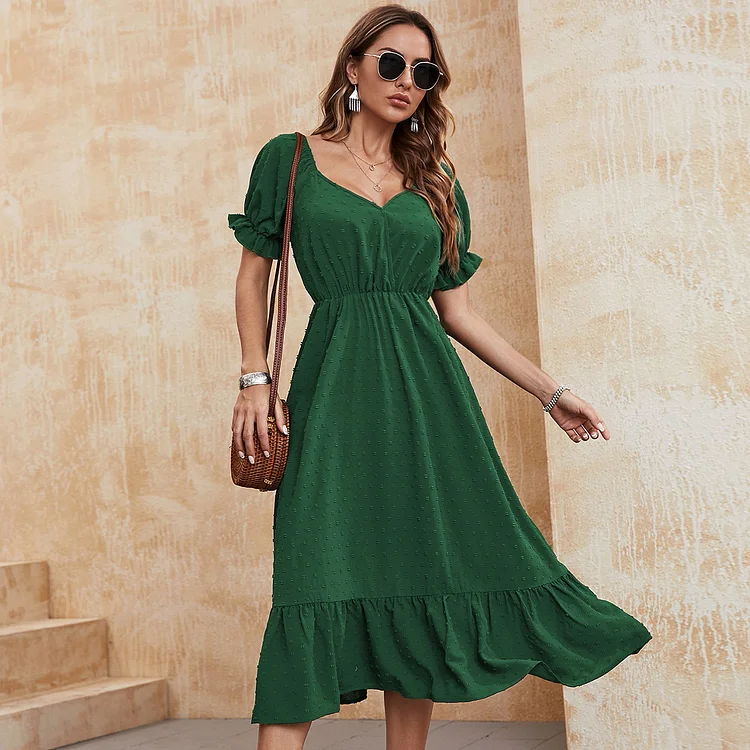 Summer Women's V-neck Lantern Sleeve Ruffle Fashion Casual High Waist Midi Dress