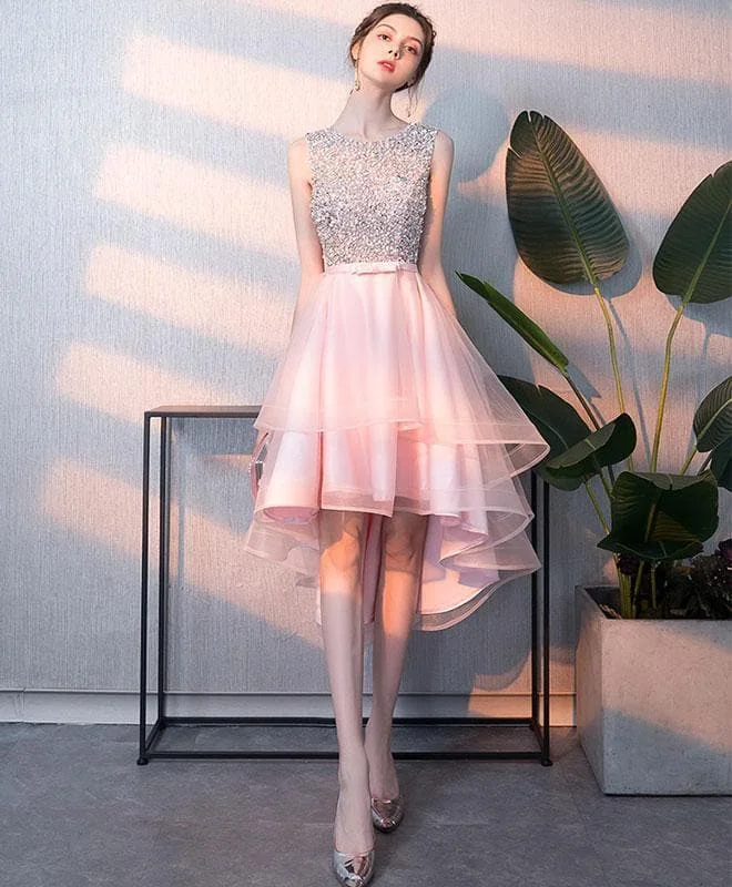 Pink Tulle Sequin Short Prom Dress, Pink Homecoming Dress