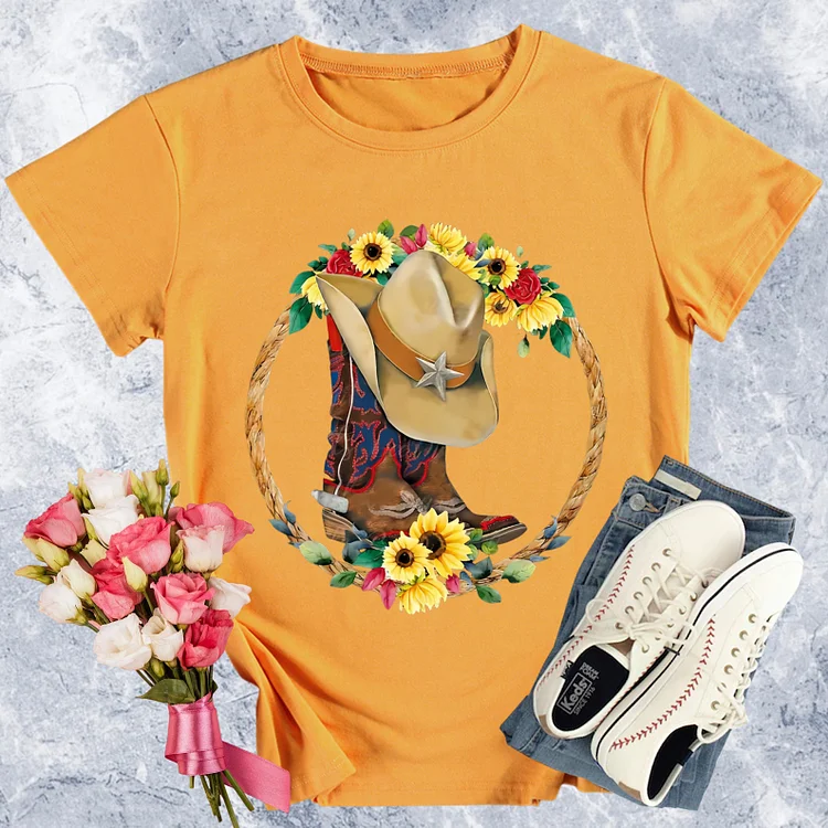 Western Sunflower Boots Round Neck T-shirt