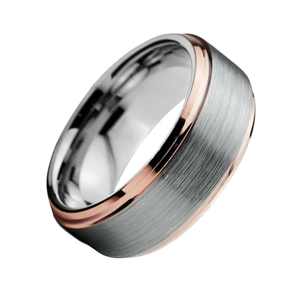 6MM 8MM Men Tungsten Rings Center Brushed Beveled Edge Rose Gold Plated Comfort Fit