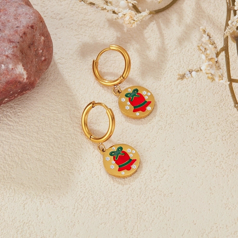 1 Pair Christmas IG Style Cute Christmas House Christmas Tree Bell Enamel Plating 304 Stainless Steel 18K Gold Plated Drop Earrings