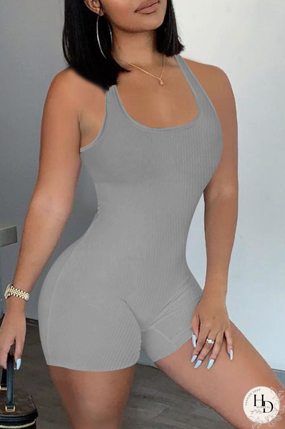 Army Green Casual Sportswear Solid Backless U Neck Skinny Romper