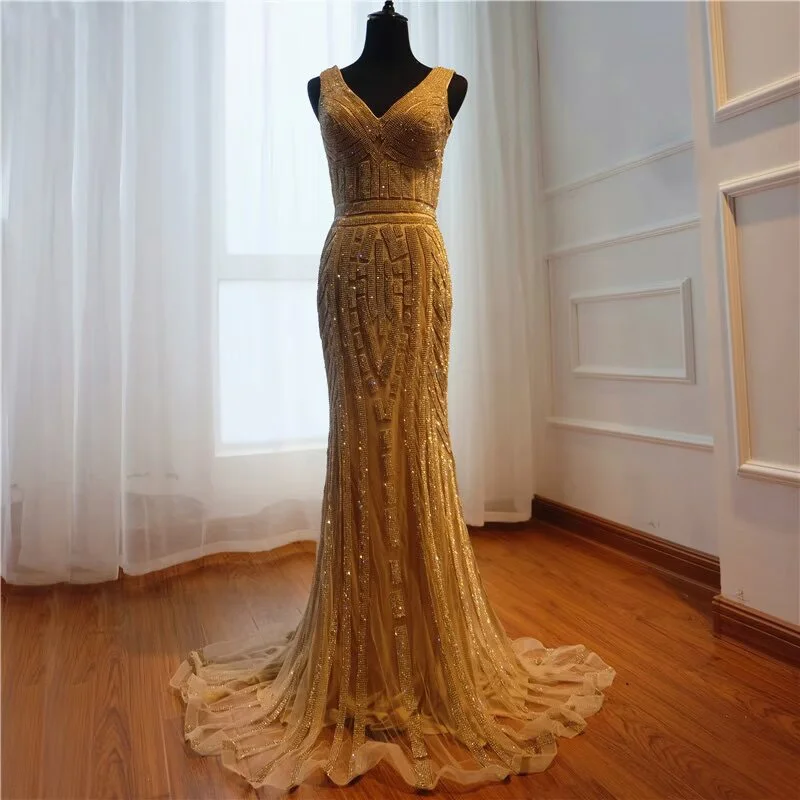 Okdais Gold Sequin Mermaid Prom Dress V Neck Long Sleeveless Dress LM0026