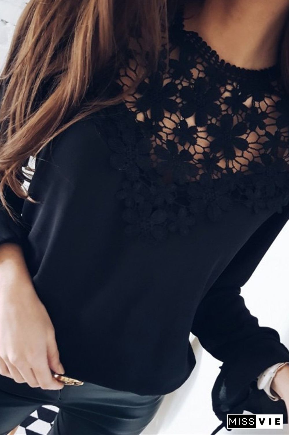 Lace Patchwork Chiffon Solid Blouse