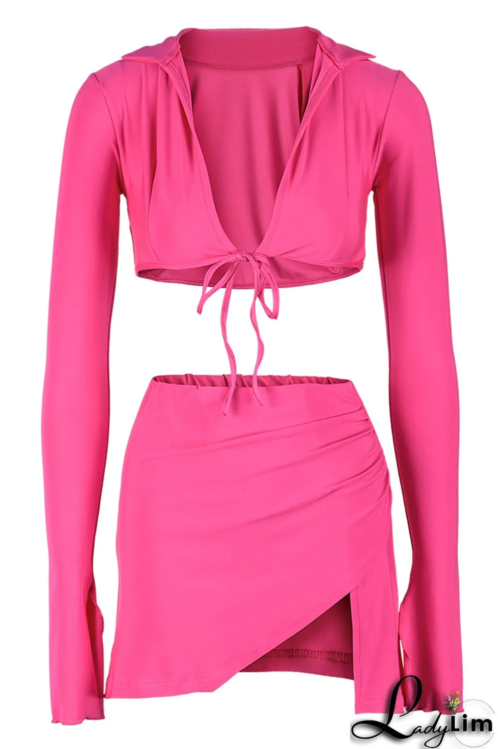 Yellow Fashion Sexy Solid Bandage Slit V Neck Long Sleeve Two Pieces