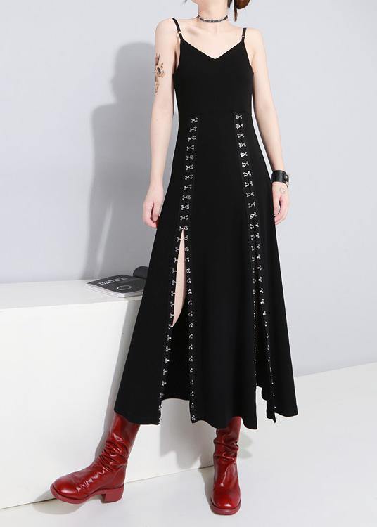 VCSHOES Black Summer side open Cotton Spaghetti Strap Dress