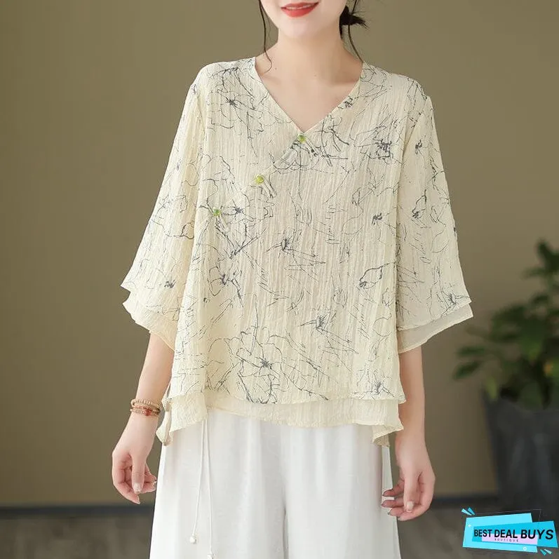Loose Summer Retro Print Loose Linen Blouse