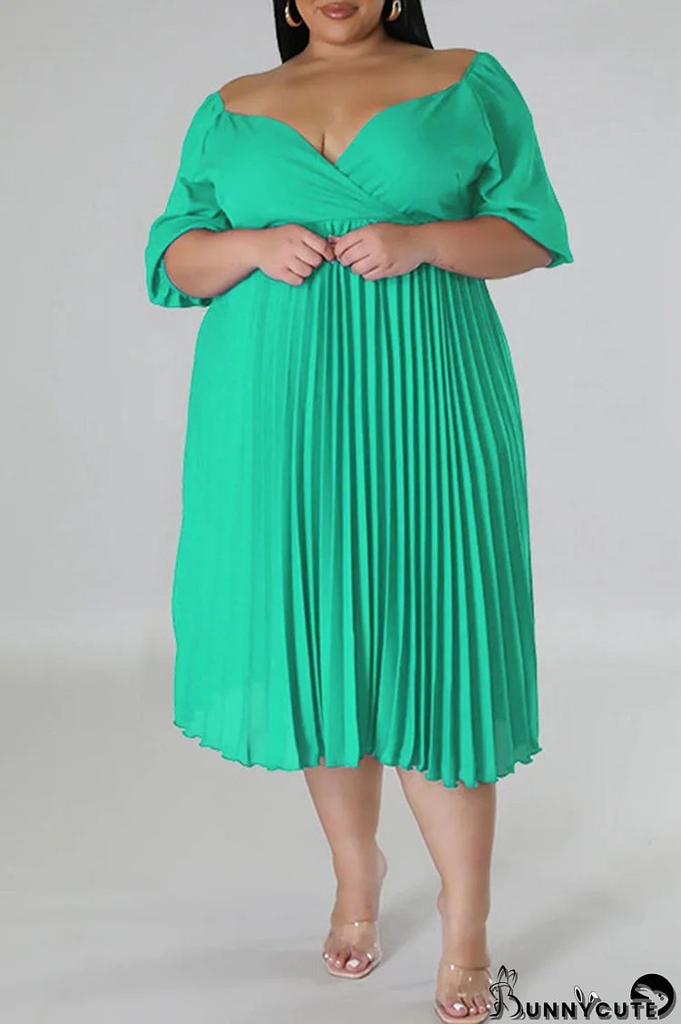 Green Casual Solid Patchwork Fold V Neck Straight Plus Size Dresses