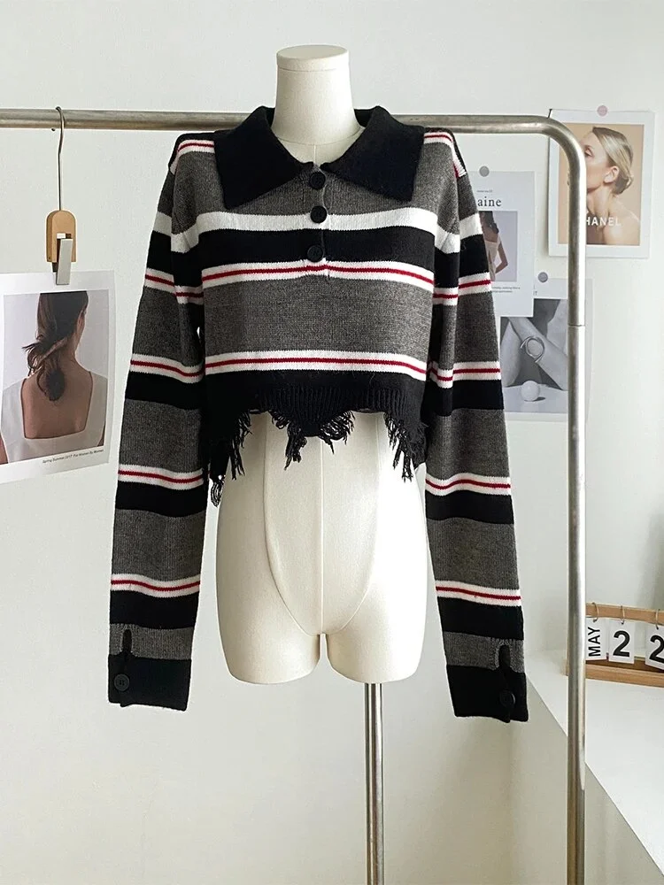Uveng Winter Woman Korean Fashion Baddie Style Long Sleeve Streetwear Jumper Knitwears Polo Collar Cropped Sweaters Vintage Chic