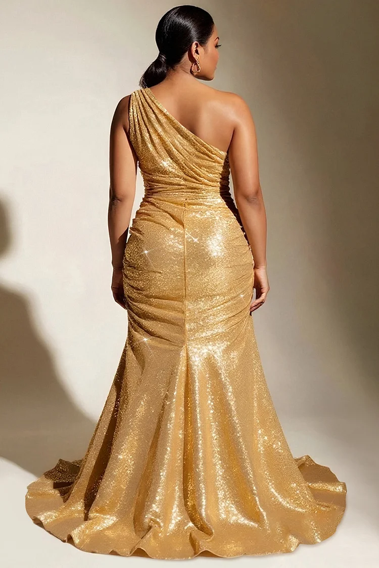 Xpluswear Design Plus Size Formal Gold Oblique Collar One Shoulder Split Elegant Ruffled Sequin Maxi Dresses [Pre-Order]