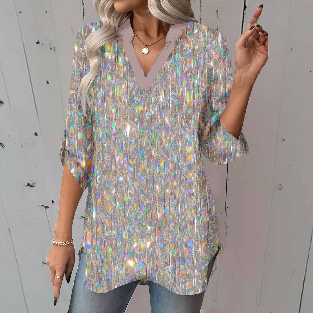 Women Silver, Shiny DZGA0344 3/4 Sleeve V-neck Printed Graphic Button Tops