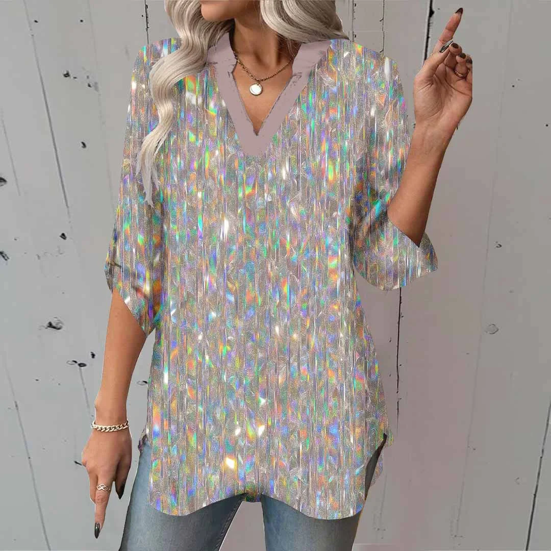 Women Silver, Shiny DZGA0344 3/4 Sleeve V-neck Printed Graphic Button Tops