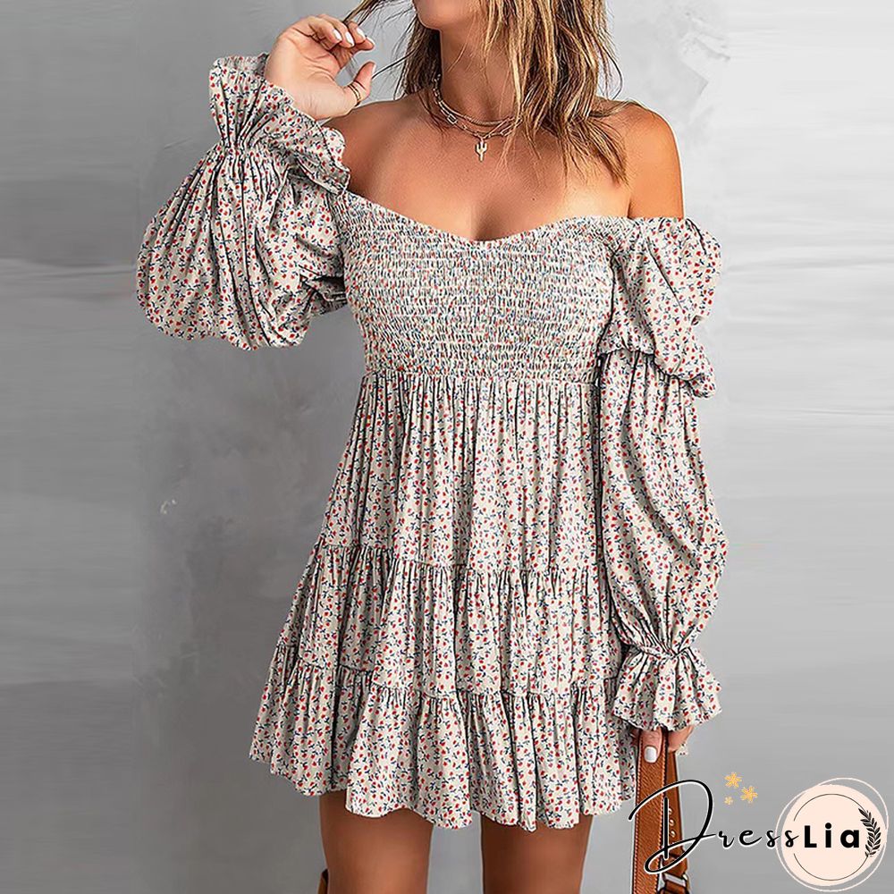 Autumn Sexy Ladies Strapless Folds Mini Dress Fashion Sweet Puff Sleeve Loose Print Dress Women Elegant Pleated Party Dress
