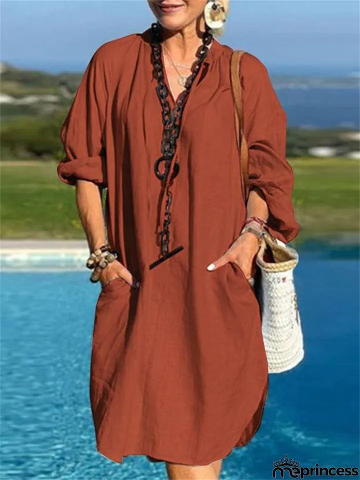 Ladies Spring Linen Solid V Neck Loose-fitting Dress