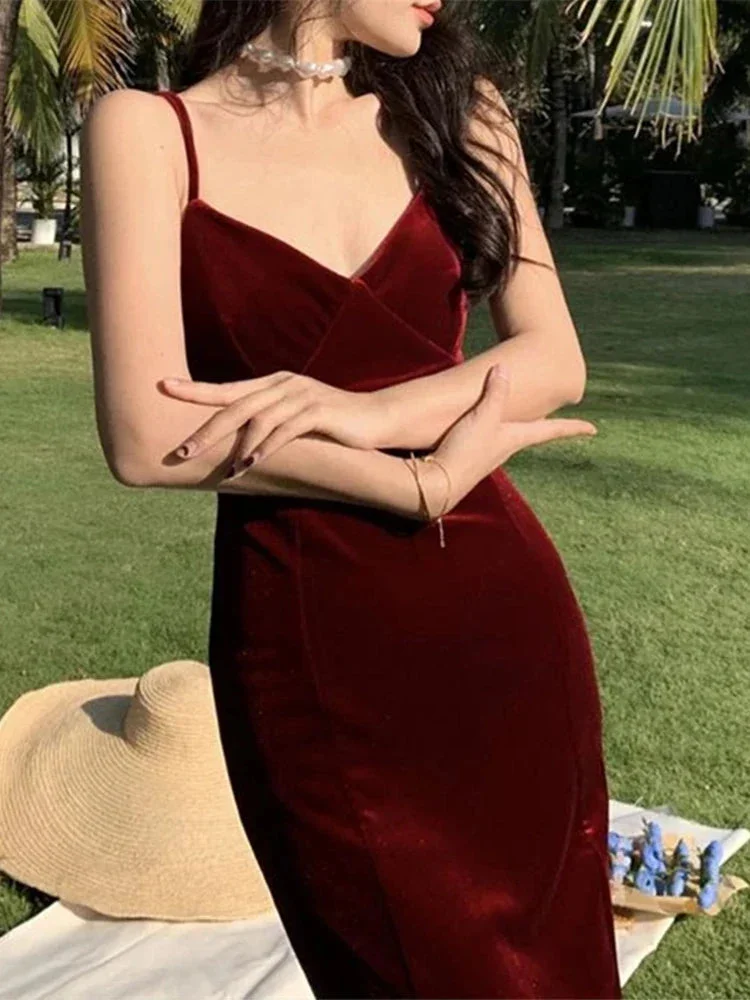 Abebey-Summer Women Sexy Velvet Spaghetti Strap Bodycon Dress Femme Split High Waist Midi Dress Evening Party Vestdios