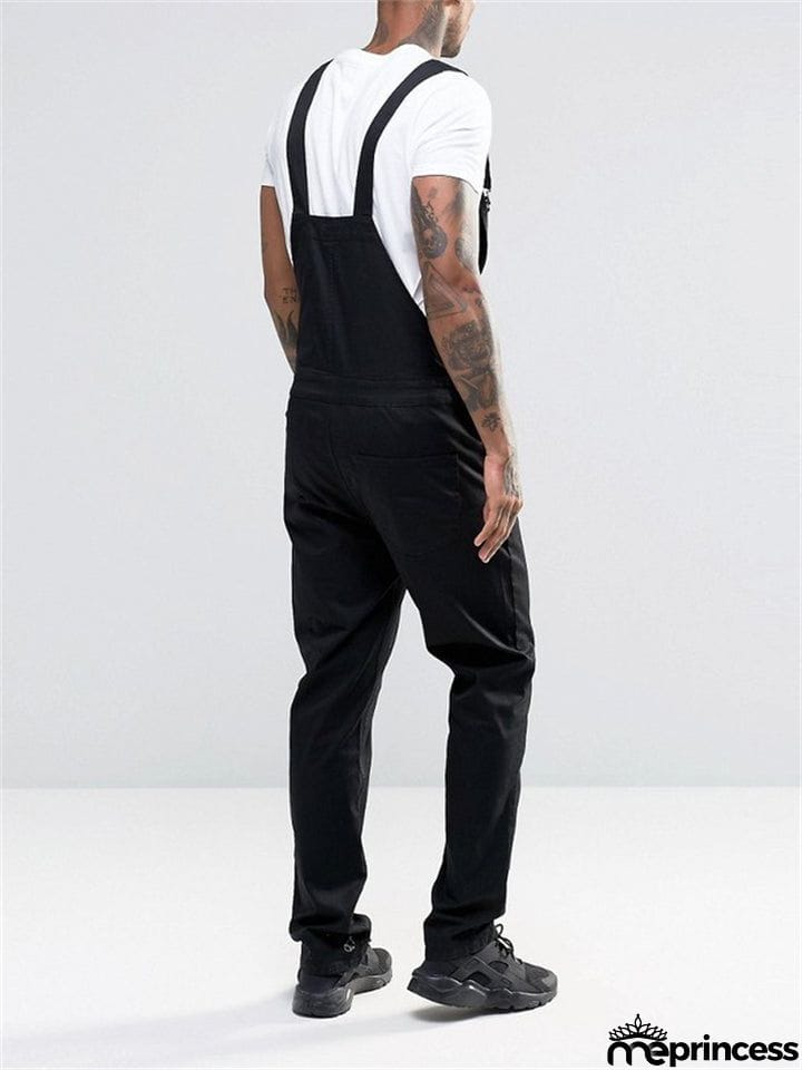 Men's Slim Trendy Solid Color Denim Overalls Jumpsuits