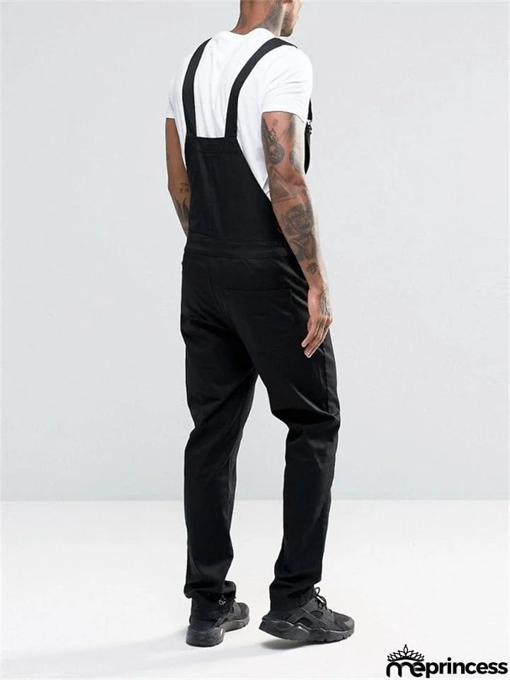Men's Slim Trendy Solid Color Denim Overalls Jumpsuits
