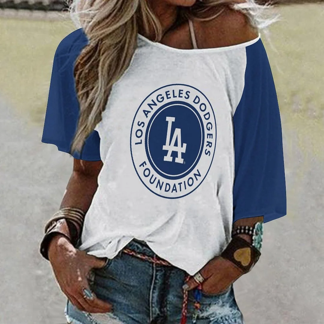 Shoulder Off  Loose Short Sleeve Casual T-shirt for Women Printed with Pattern , Blue, Red,