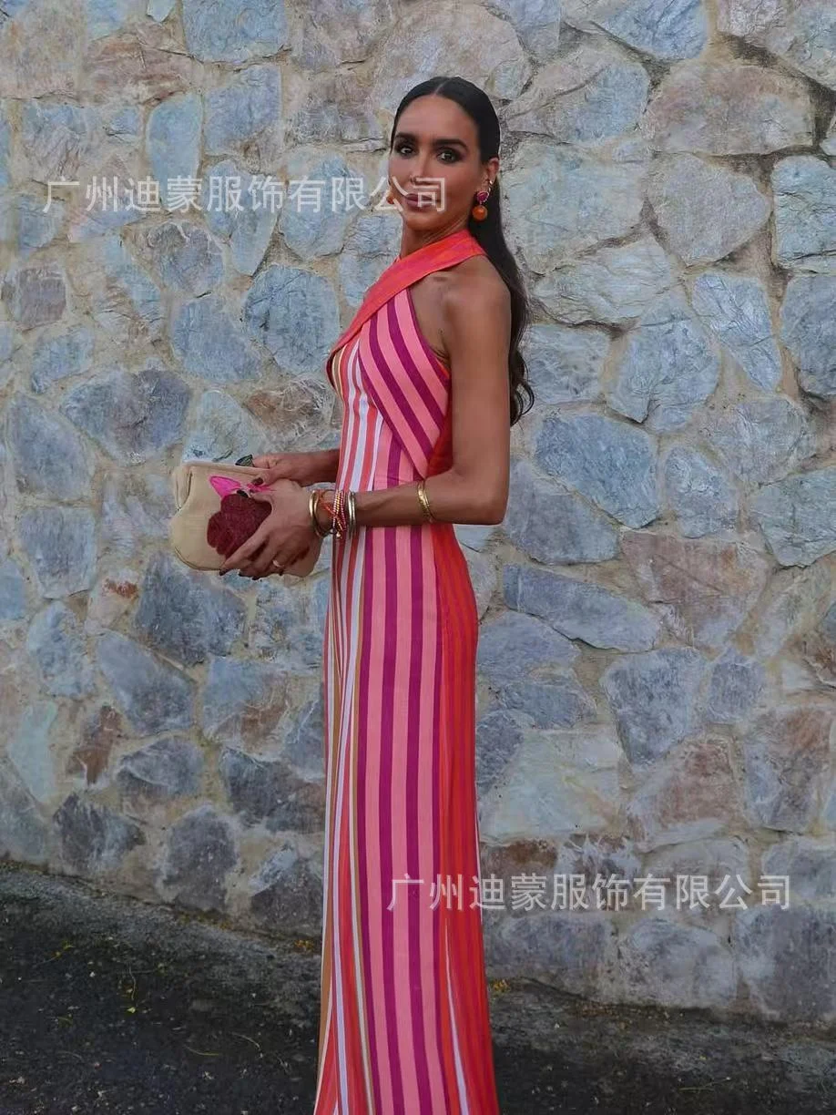 Nigikala Nigikala Women's Clothing Hanging Neck Strapless Pocketed Hips Striped Dress