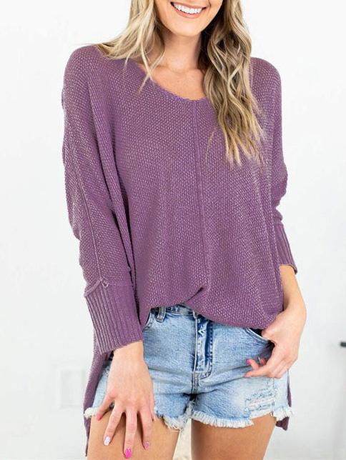 Women's Pure Color Casual V-neck Knitted Long Sleeve Sweater Top