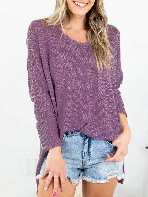 Women's Pure Color Casual V-neck Knitted Long Sleeve Sweater Top
