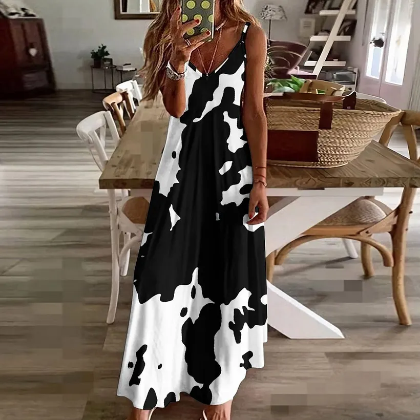 flowy country dress Black White Cow Farm Love Women's Casual Strappy V Neck Sleeveless Loose Long Maxi Beach Sundress western dresses with cowboy boots