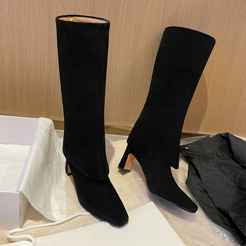 70mm Block Heel Mid-tube Fashion Boots Black Suede-vocosishoes