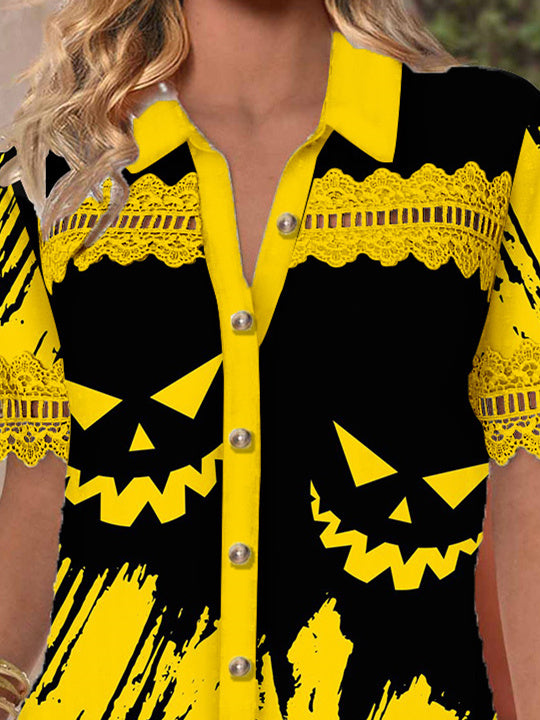 Women Short Sleeve V-neck Skull Printed Graphic Lace Hollow Stitching Button Tops