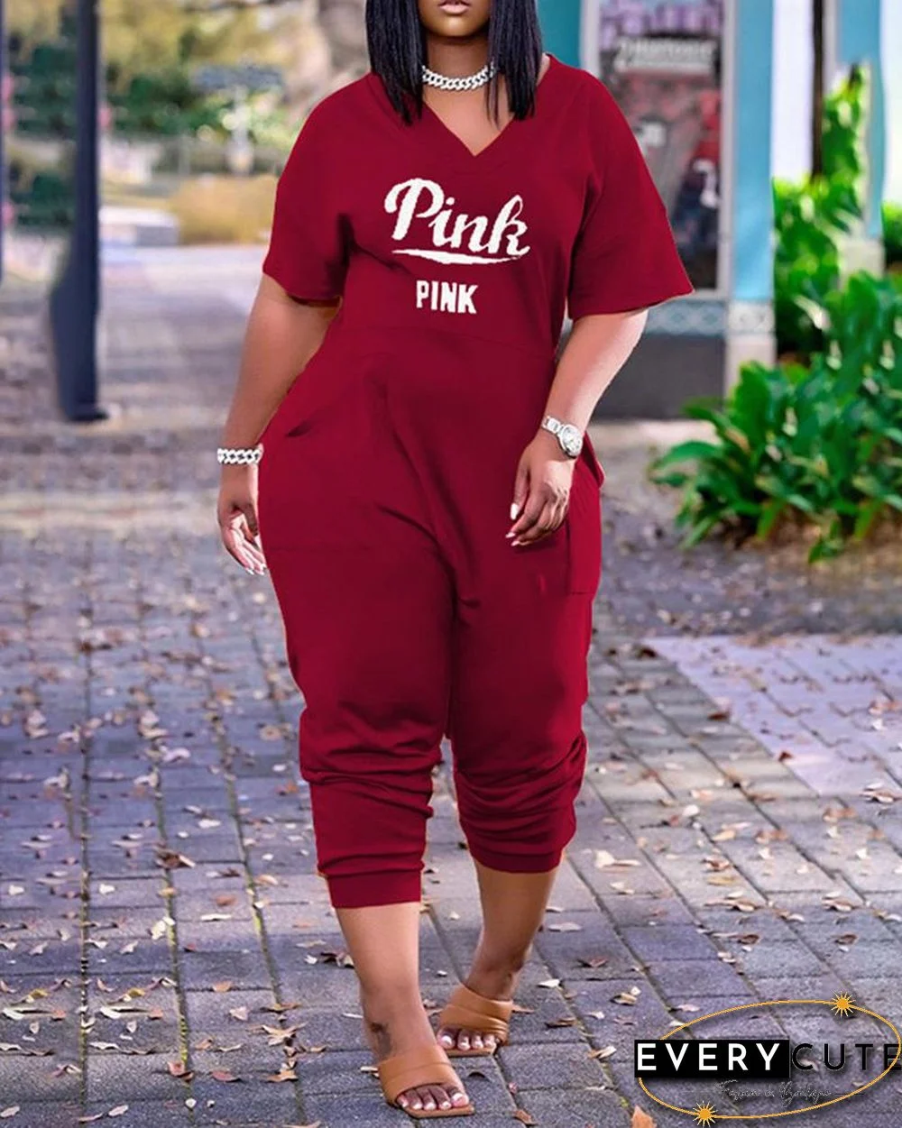 Letter Print V-Neck Short Sleeve Pocket Design Jumpsuit