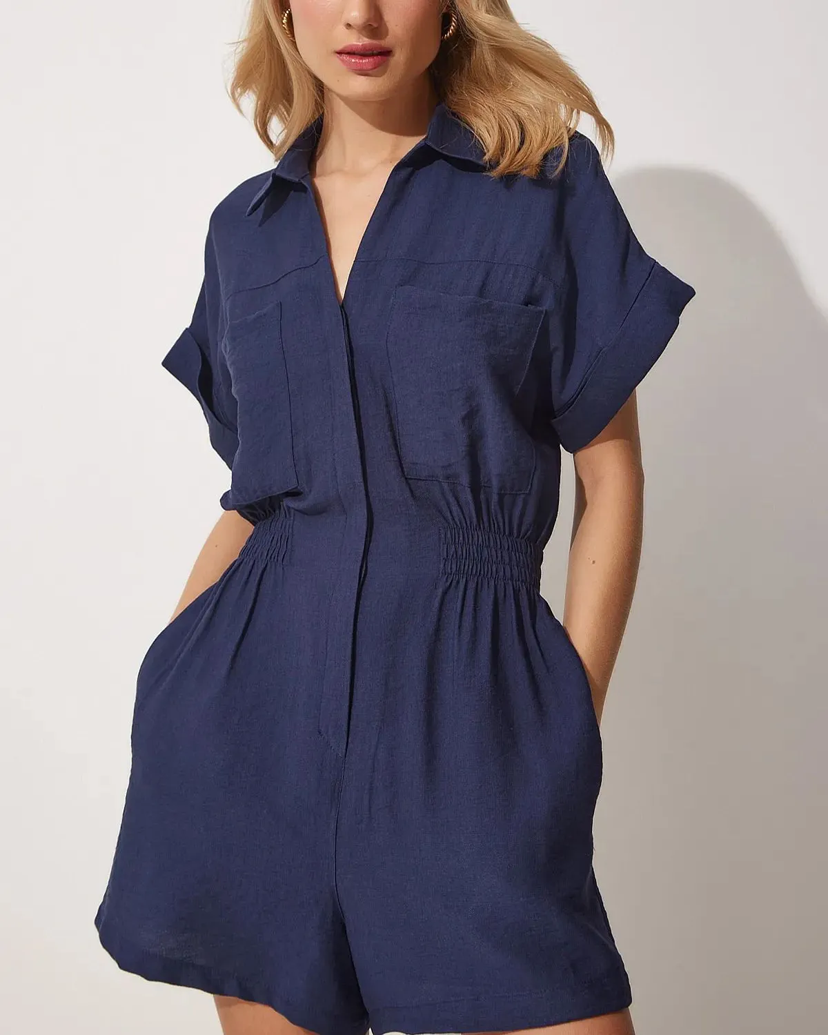 Shirt Collar Short Sleeve Chest Pockets Solid Color Jumpsuit