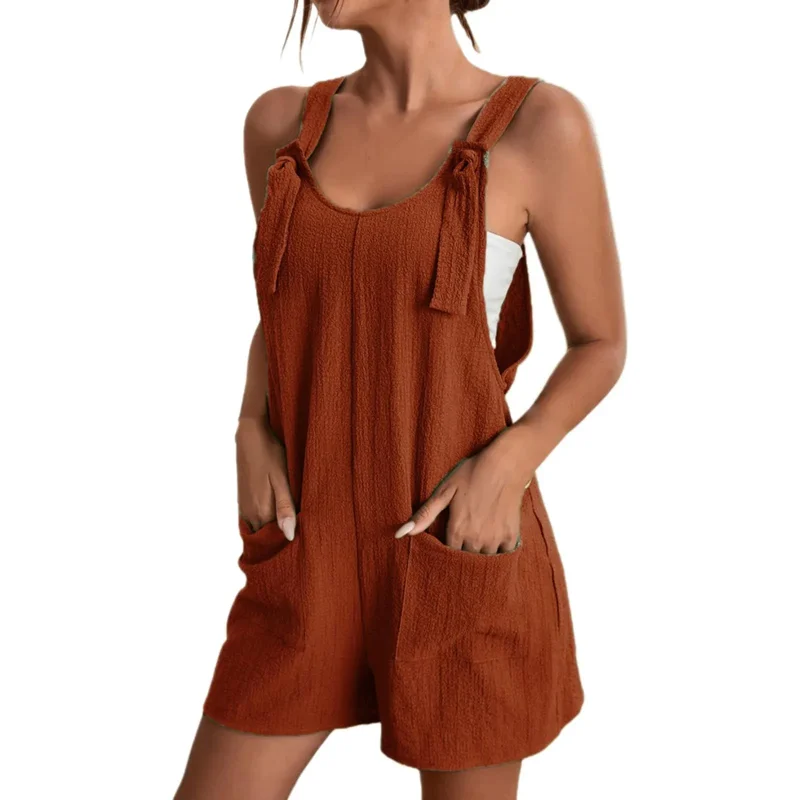 Women's Strappy Sleeveless Casual Loose With Pockets Short Overalls Jumpsuit