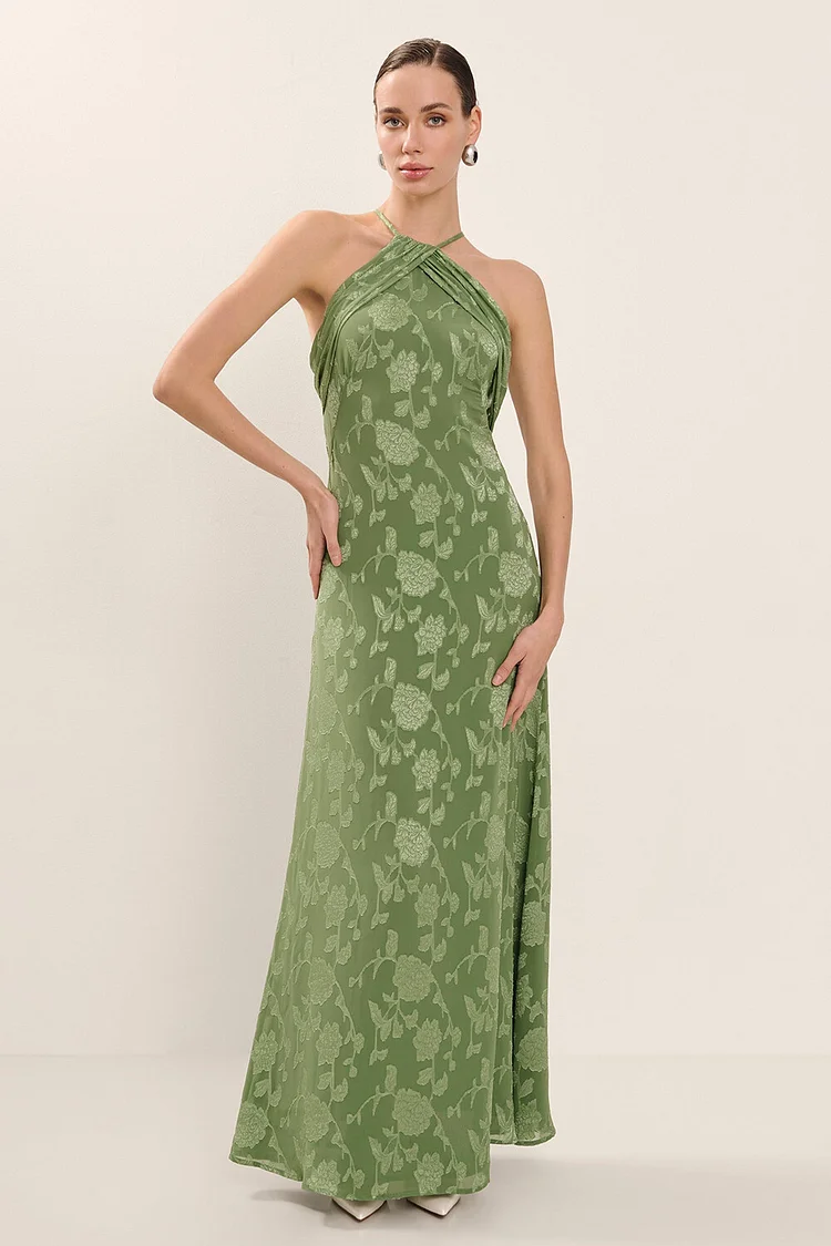 Halter Floral Jacquard Tie Up Backless Maxi Dresses-Green [Pre Order]